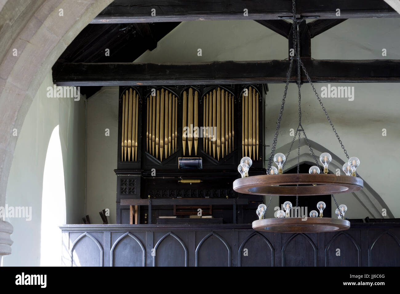 Interior view with organ, St. Mary`s Church, Ardley, Oxfordshire, UK Stock Photo